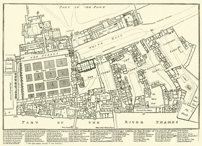 Eine verkleinerte Kopie von Fishers Grundriss des Königspalastes von Whitehall, aufgenommen in der Regierungszeit von Karl II, 1680 von English School